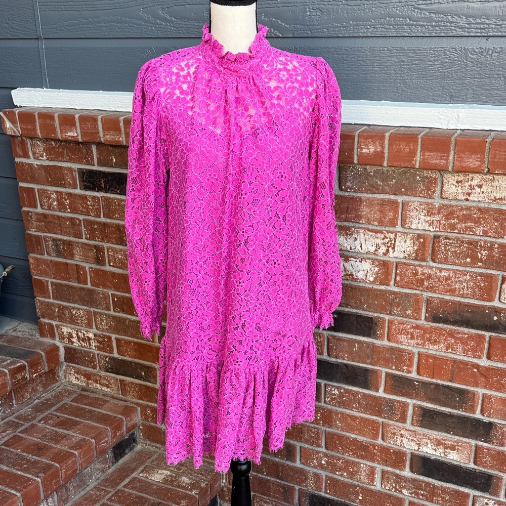 J. Crew Pink Floral Lace Tiered Midi Dress Size S Mock Neck Ruffle Occasion Boho